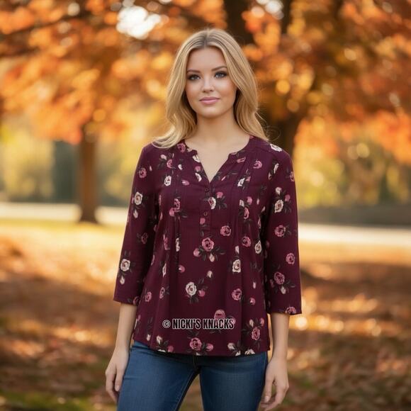 Stitch Fix Burgundy Floral Blouse Split Neck 3/4 Sleeve Pleated Fall Top Size S - Picture 1 of 9